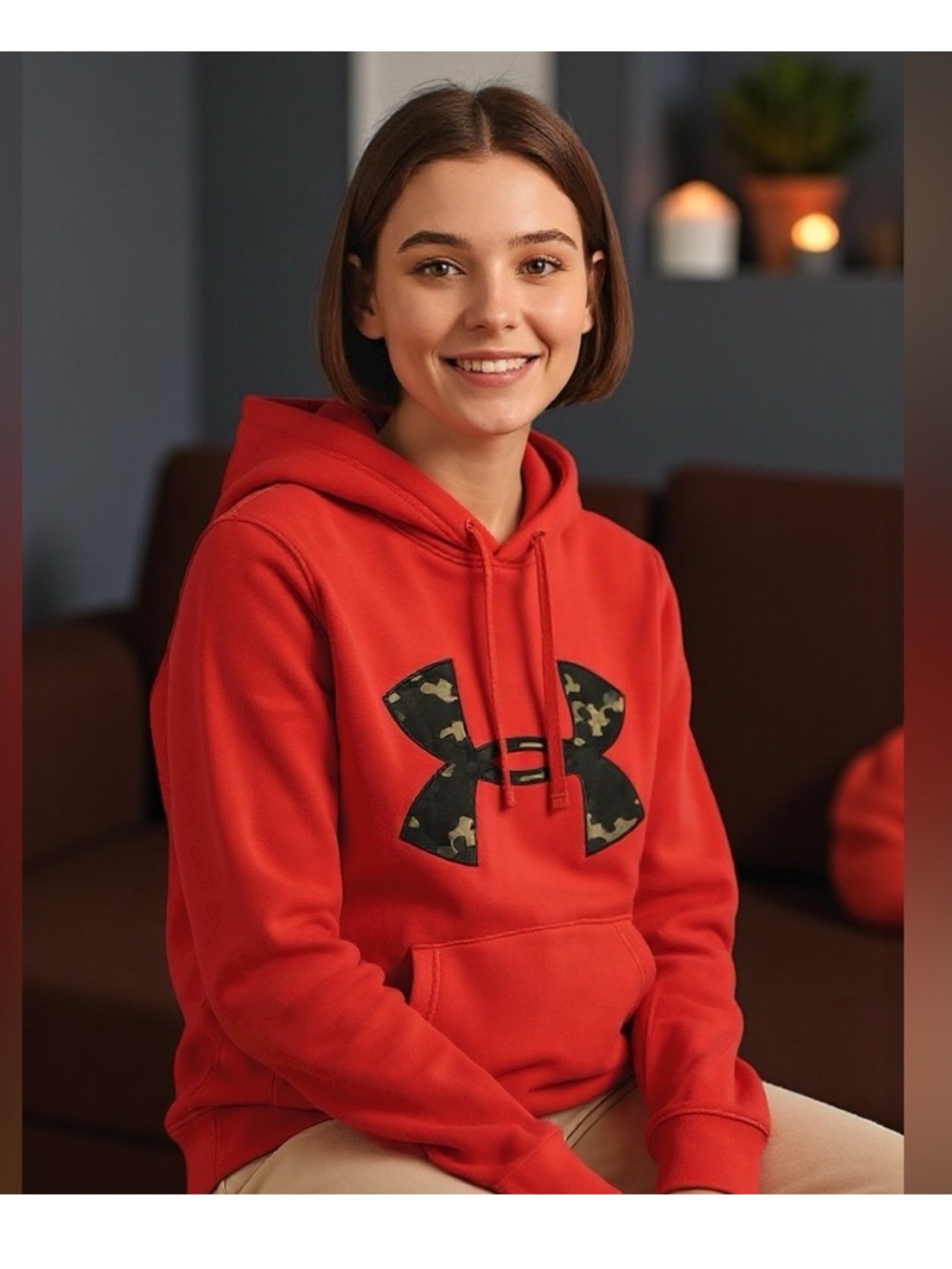 Under Armour Red Hoodie with Camo Logo | Women’s Large (Loose Fit)